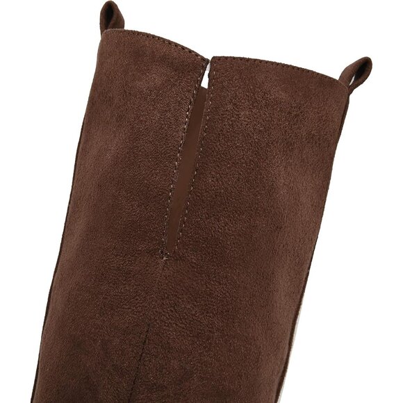 Womens Coffee Faux Suede Knee High Side Zipper Chunky Heel Stretch Winter Boots - Picture 6 of 7